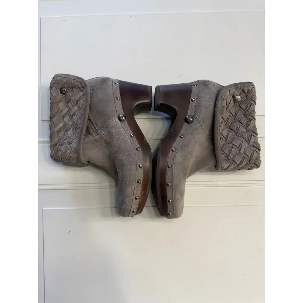 Ugg Womens Sz 9 Gray Tan Lynea Arroyo Weave Clog Convertibel Leather Boots